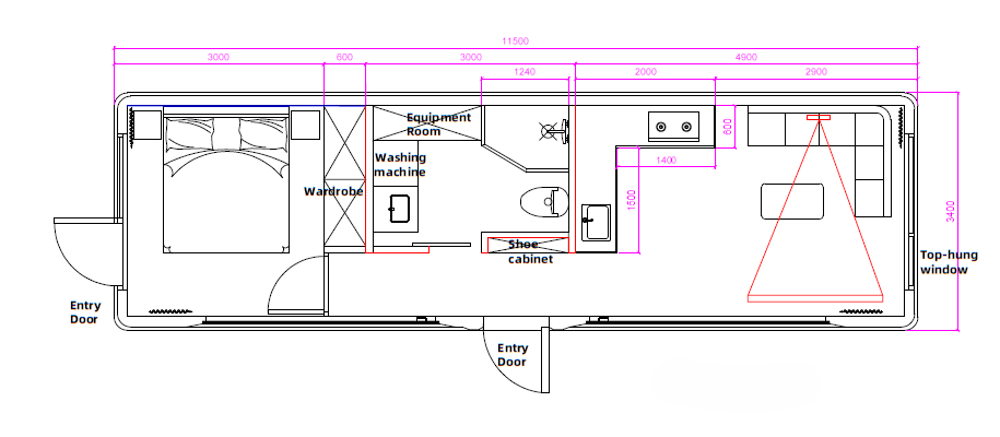 Planskiss av en s70 Kapselhus med angivna mått, inklusive sovrum, utrustningsrum, tvättmaskin och skåp.